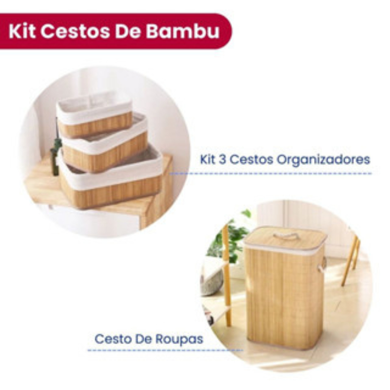 Kit 3 Cestos Organizadores de Bambu Design Premium – Multiuso para Cozinha, Banheiro e Lavanderia