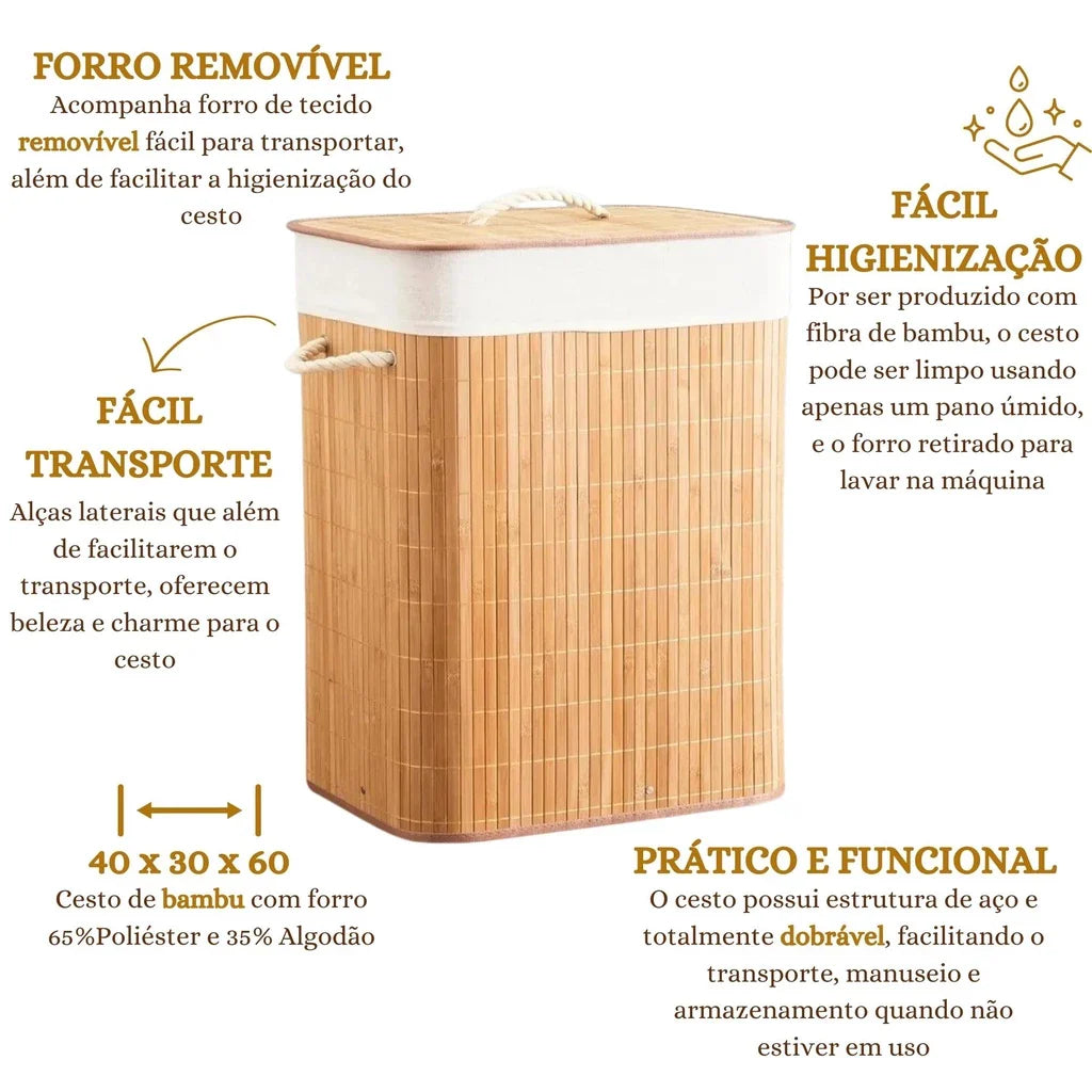 Cesto dobrável de bambu com alças laterais, forro removível de tecido para facilitar transporte e higiene