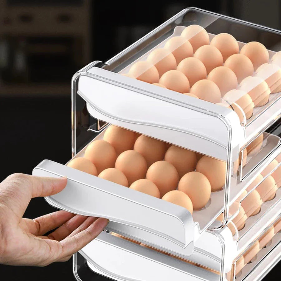 Organizador transparente de ovos com bandeja deslizante e ovos marrons armazenados