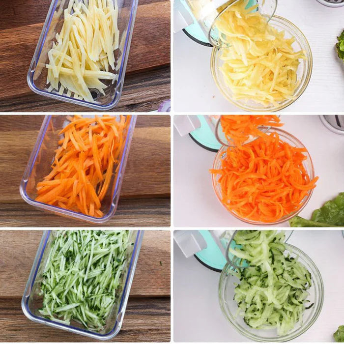 Legumes ralados em tiras finas: batata, cenoura e pepino em recipientes transparentes para receita saudável