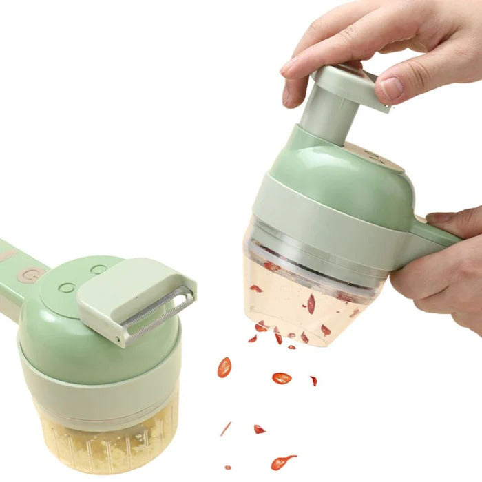 Ralador e triturador manual verde para cozinha, com lâmina e recipiente transparente, usado para cortar pimenta vermelha