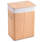 Cesto de roupa dobrável em bambu natural com alças de corda e forro branco