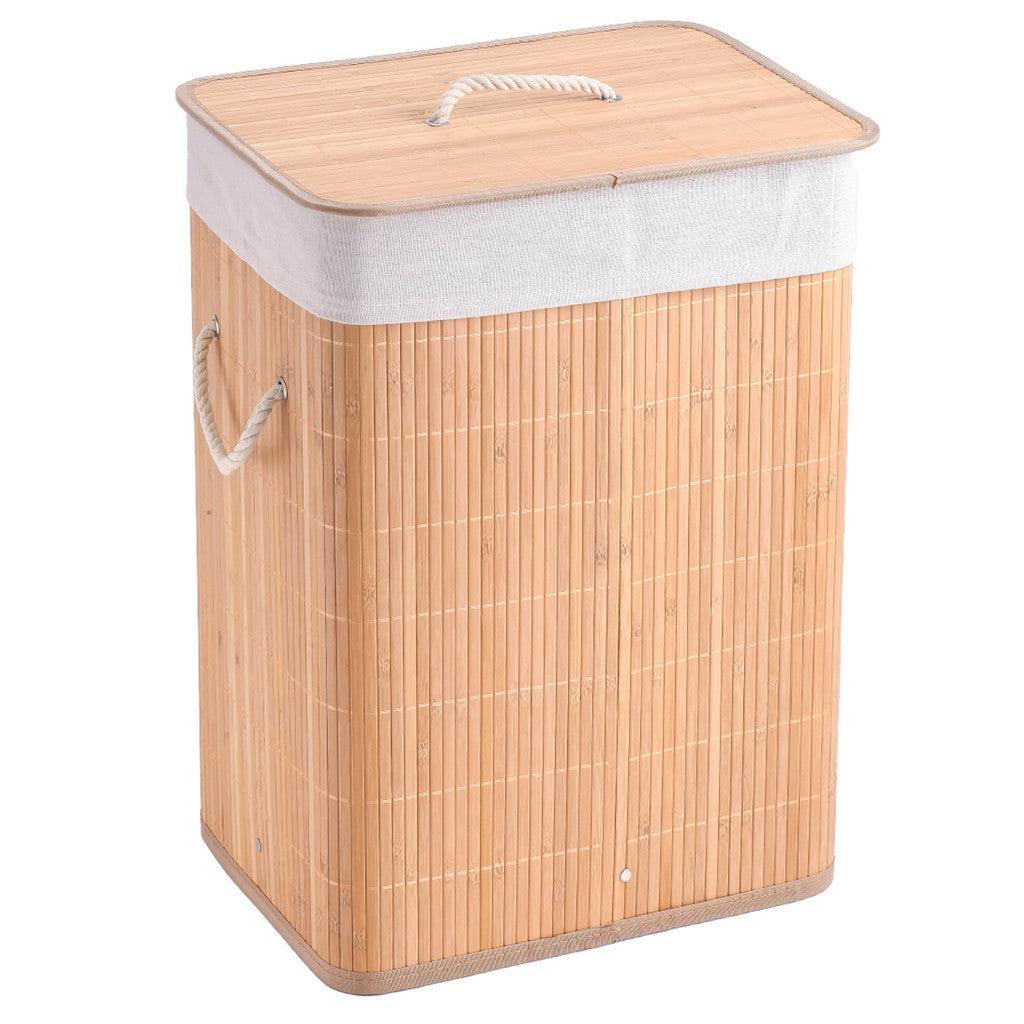 Cesto de roupa dobrável em bambu natural com alças de corda e forro branco