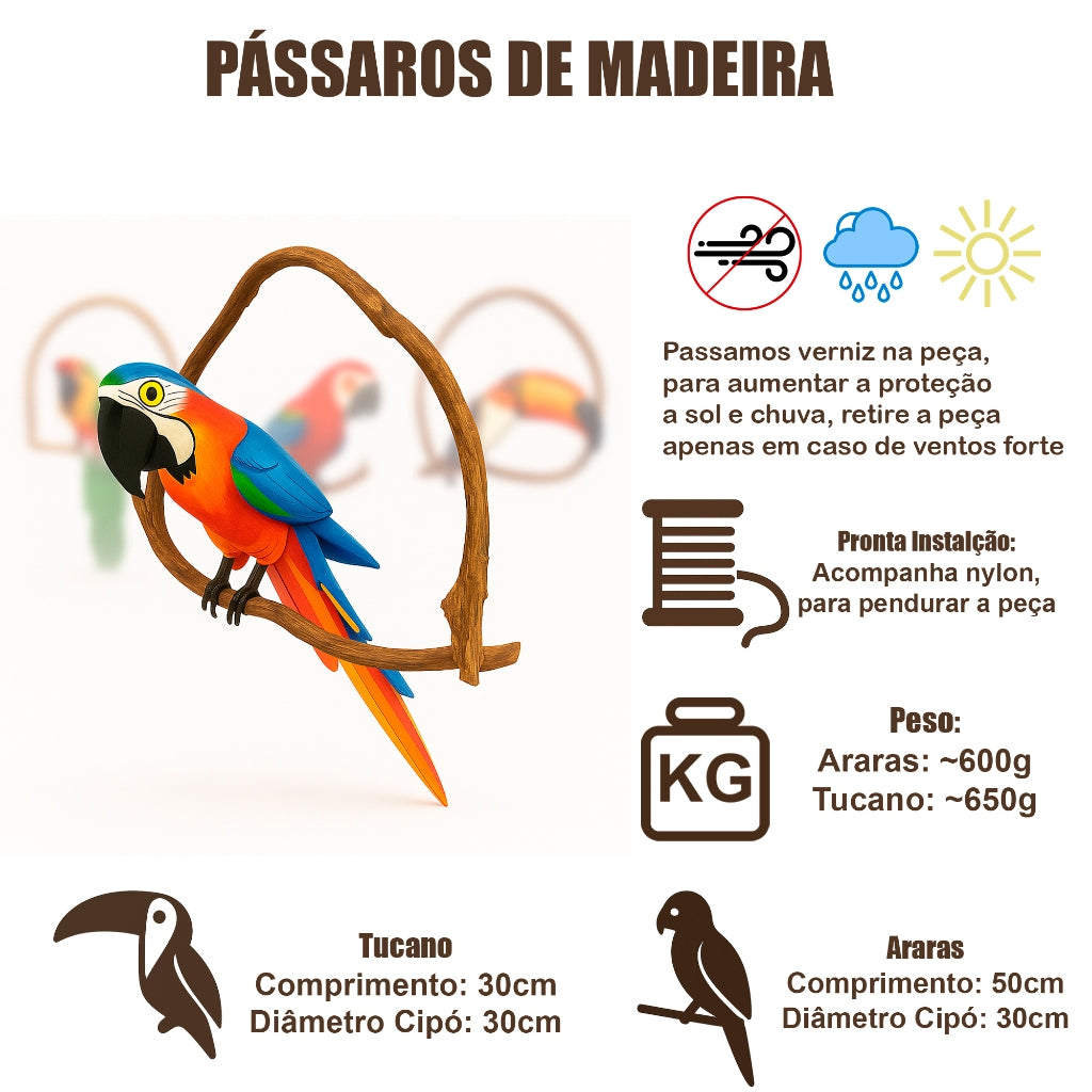 Kit 5 Pássaros Artesanais em Madeira – Araras e Tucano - imagem 3