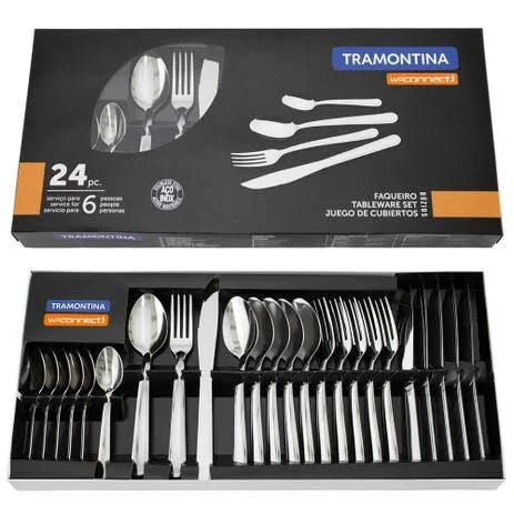 Conjunto Tramontina 24 peças de talheres em aço inox, 6 serviços completos com garfos, colheres e facas