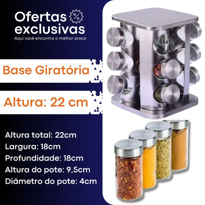 Base giratória de aço inox com potes de vidro para temperos, altura 22 cm, design moderno