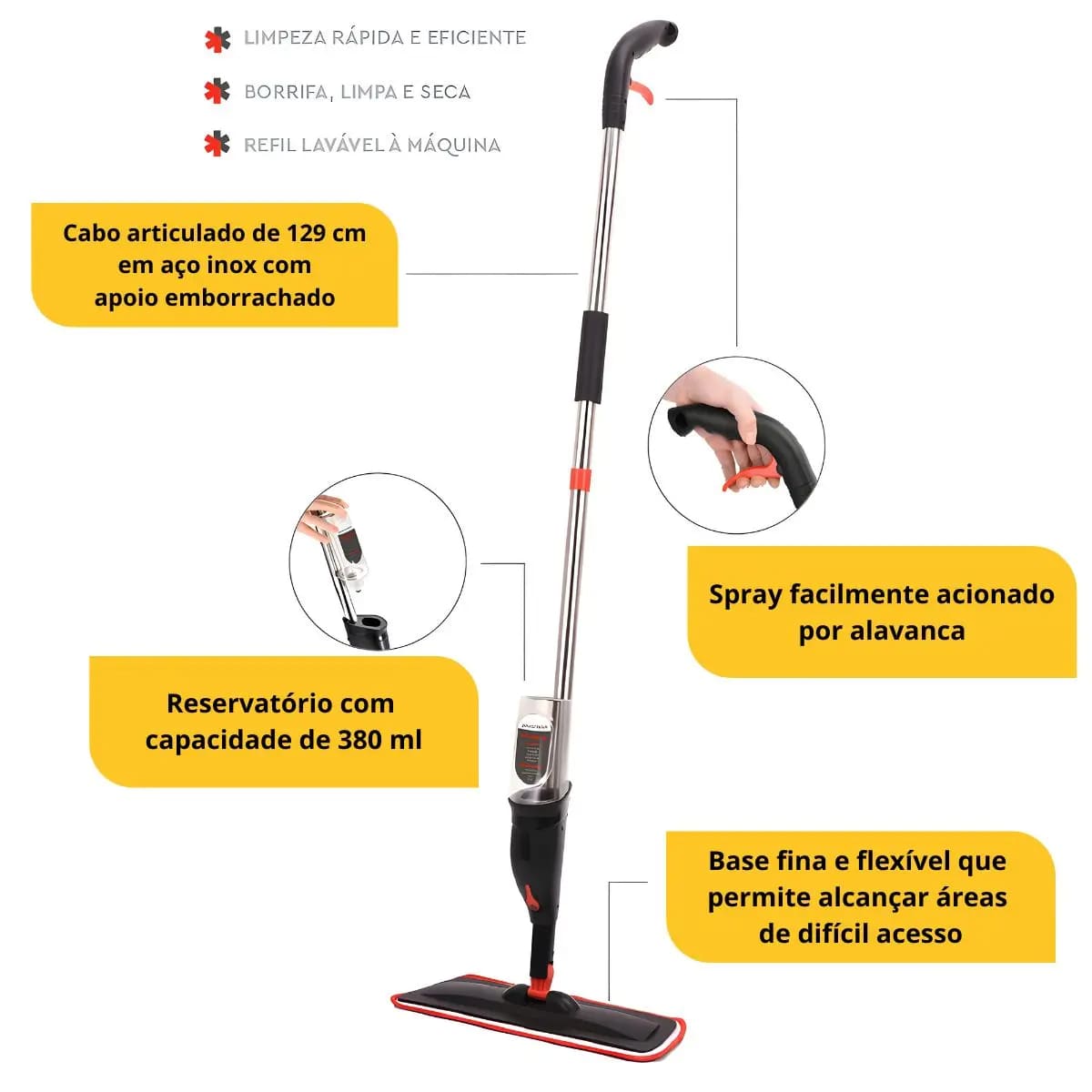 Mop spray com cabo articulado inox 129 cm, reservatório 380 ml, spray por alavanca, base fina flexível