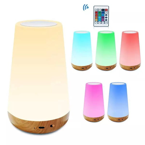 Lâmpada LED decorativa com base em madeira, luzes coloridas ajustáveis e controle remoto