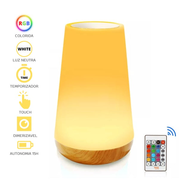 Luminária LED touch em madeira com luz colorida RGB, temporizador e controle remoto