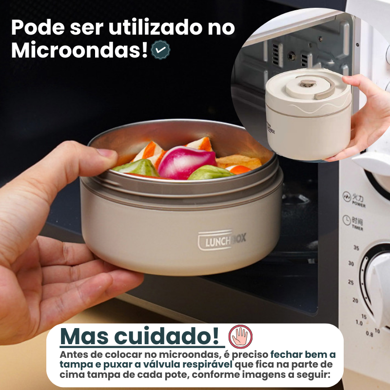 Pote Lunchbox aberto com alimentos coloridos, apontando uso seguro no micro-ondas, tampa com válvula respirável