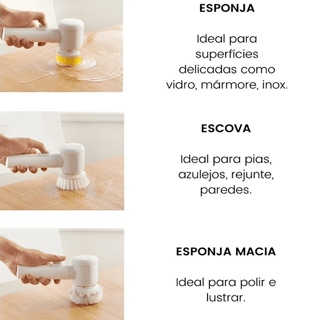 Demonstração de uso de escova elétrica com acessórios esponja, escova e esponja macia para limpeza e polimento