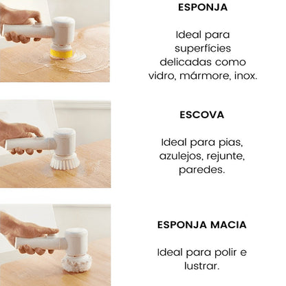 Demonstração de uso de escova elétrica com acessórios esponja, escova e esponja macia para limpeza e polimento