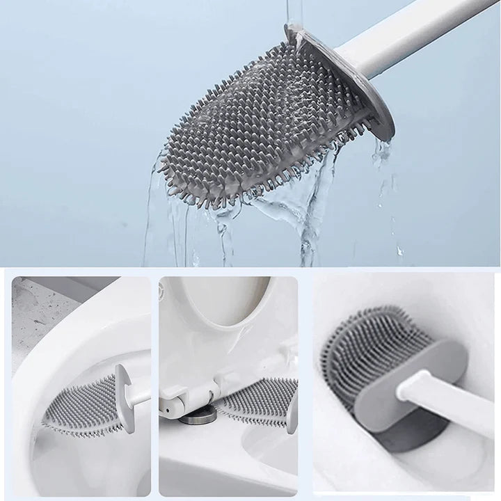 Escova de silicone branca para limpeza de vaso sanitário com cerdas flexíveis, resistente à água, em uso no banheiro