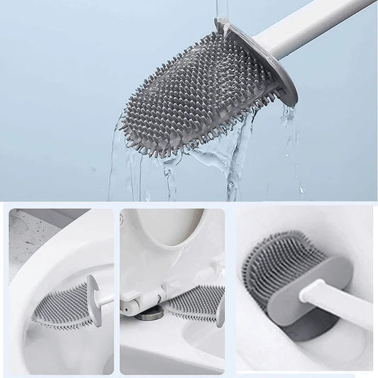Escova de silicone branca para limpeza de vaso sanitário com cerdas flexíveis, resistente à água, em uso no banheiro