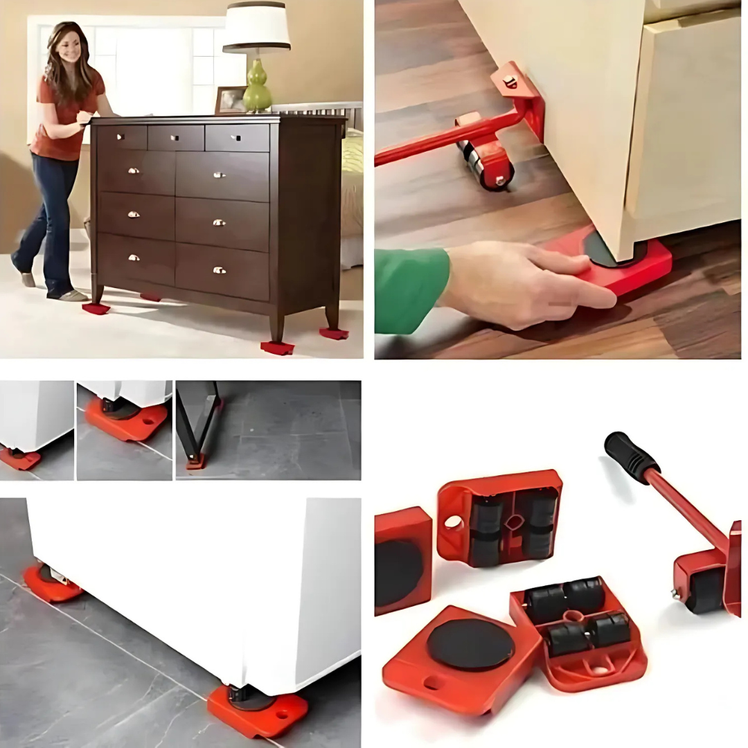 Kit de ferramentas vermelhas para mover móveis pesados com rodízios e alavanca para facilitar o transporte