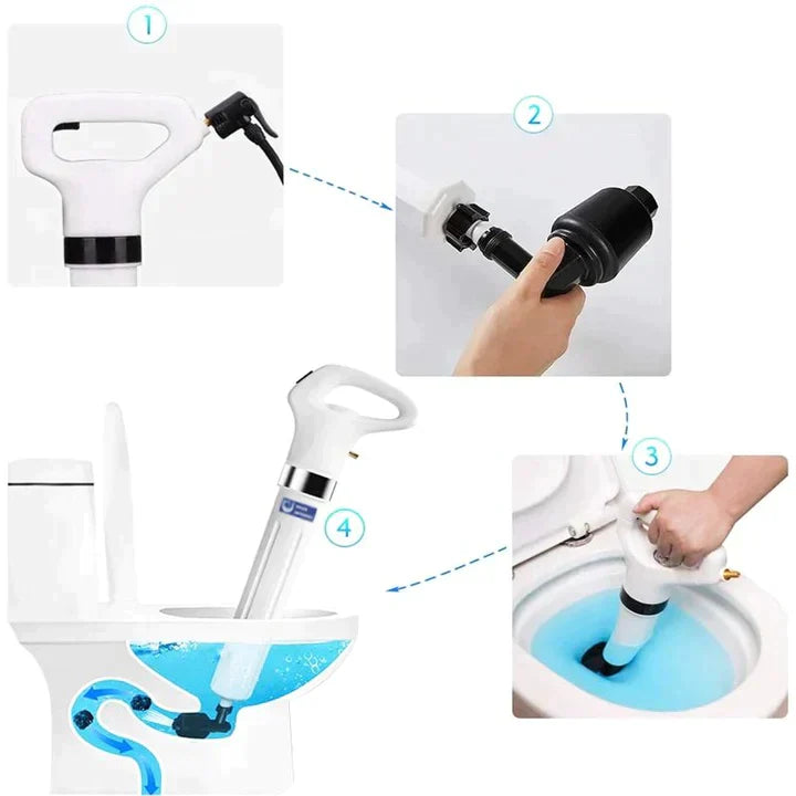 Desentupidor elétrico portátil sendo conectado e usado para desentupir vaso sanitário com fluxo de água