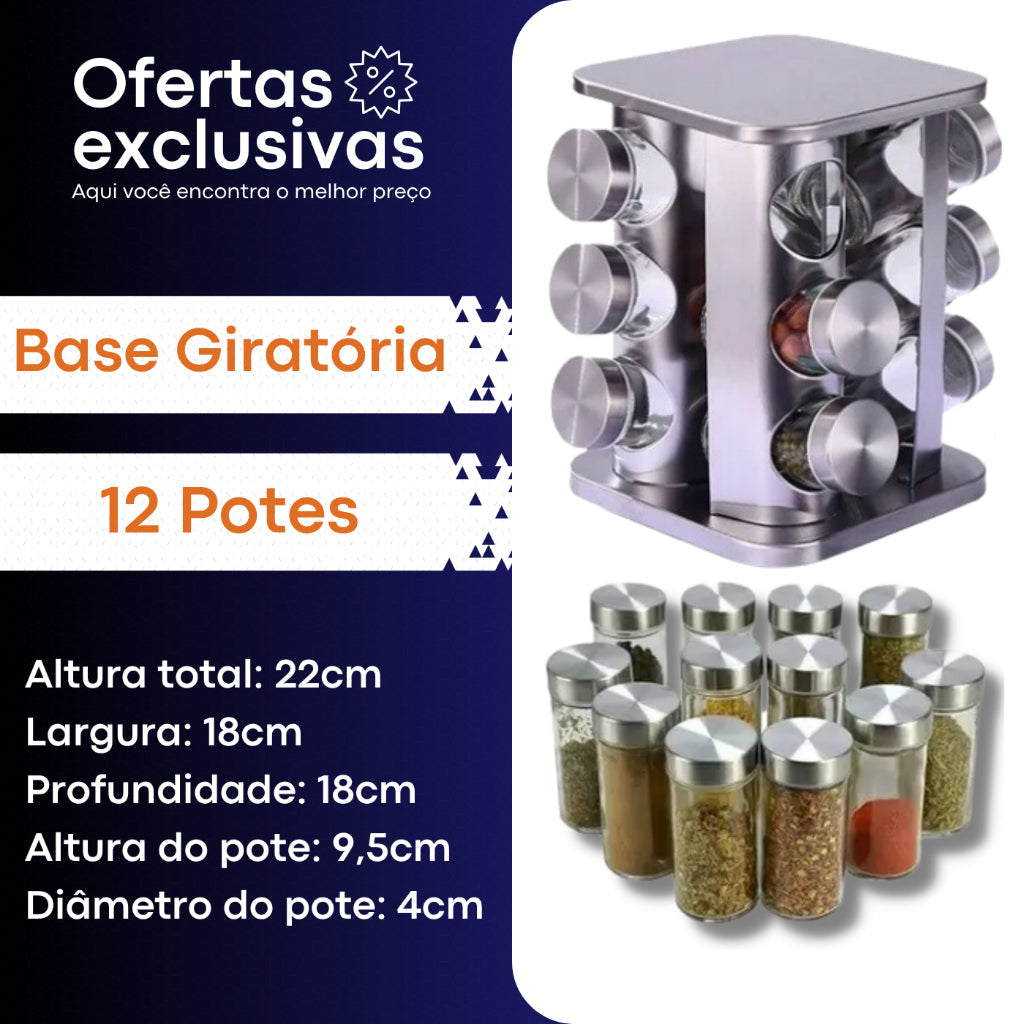 Base giratória de aço inox com 12 potes de vidro para temperos, compacta e prática para cozinha