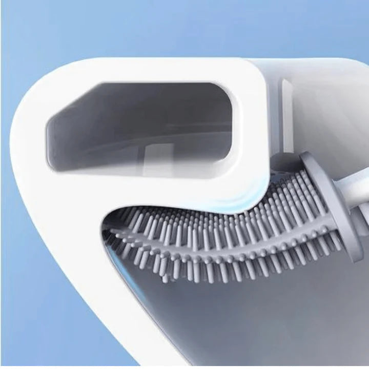 Detalhe de escova de dentes elétrica com cerdas flexíveis em design moderno branco e cinza