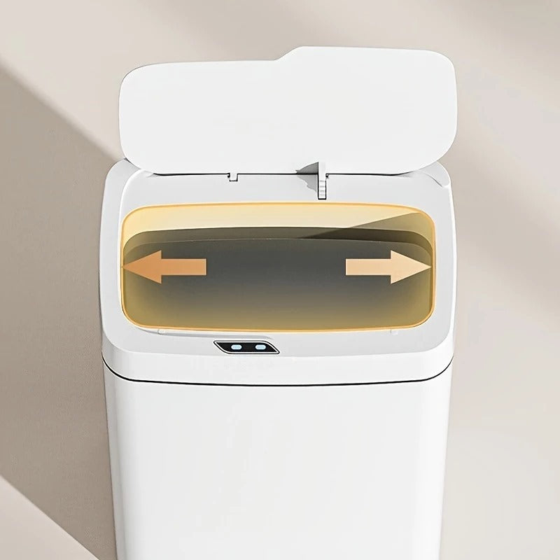 Lixeira automática branca com tampa aberta e sensor, destacando indicação de movimento das mãos para abrir