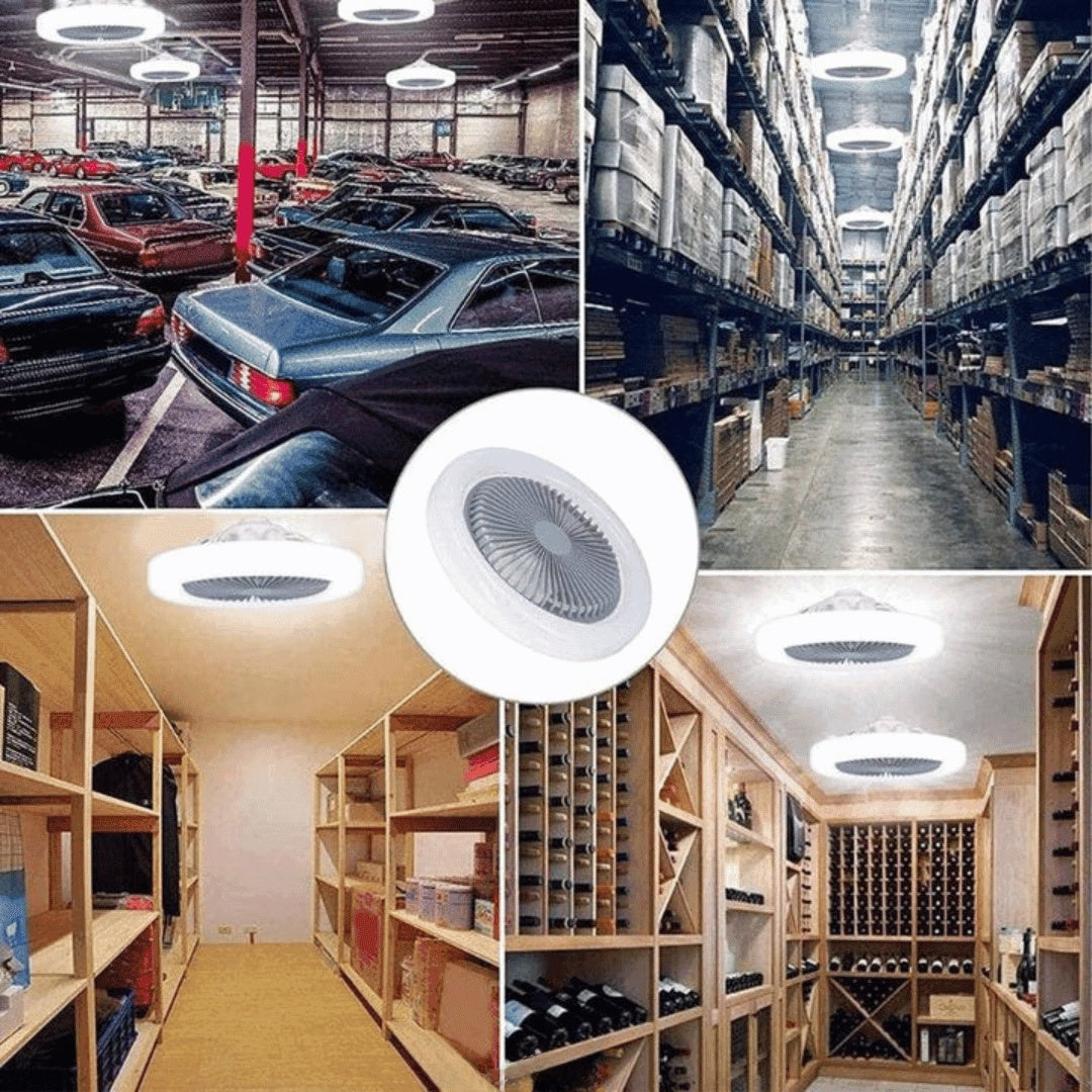 Imagem mostrando ventilador de teto LED embutido em garagem, depósito, despensa e adega com prateleiras e carros