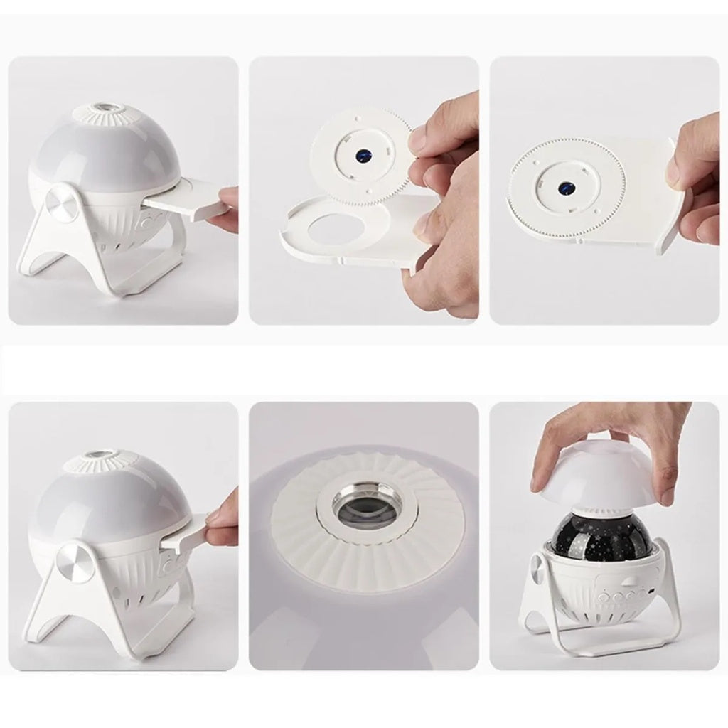 Projetor estelar branco com desmontagem de disco de lentes e remoção da tampa superior com demonstração manual