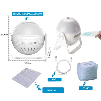Máquina de focalização branca com suporte, controle remoto, cabo USB, filme e manual em fundo branco