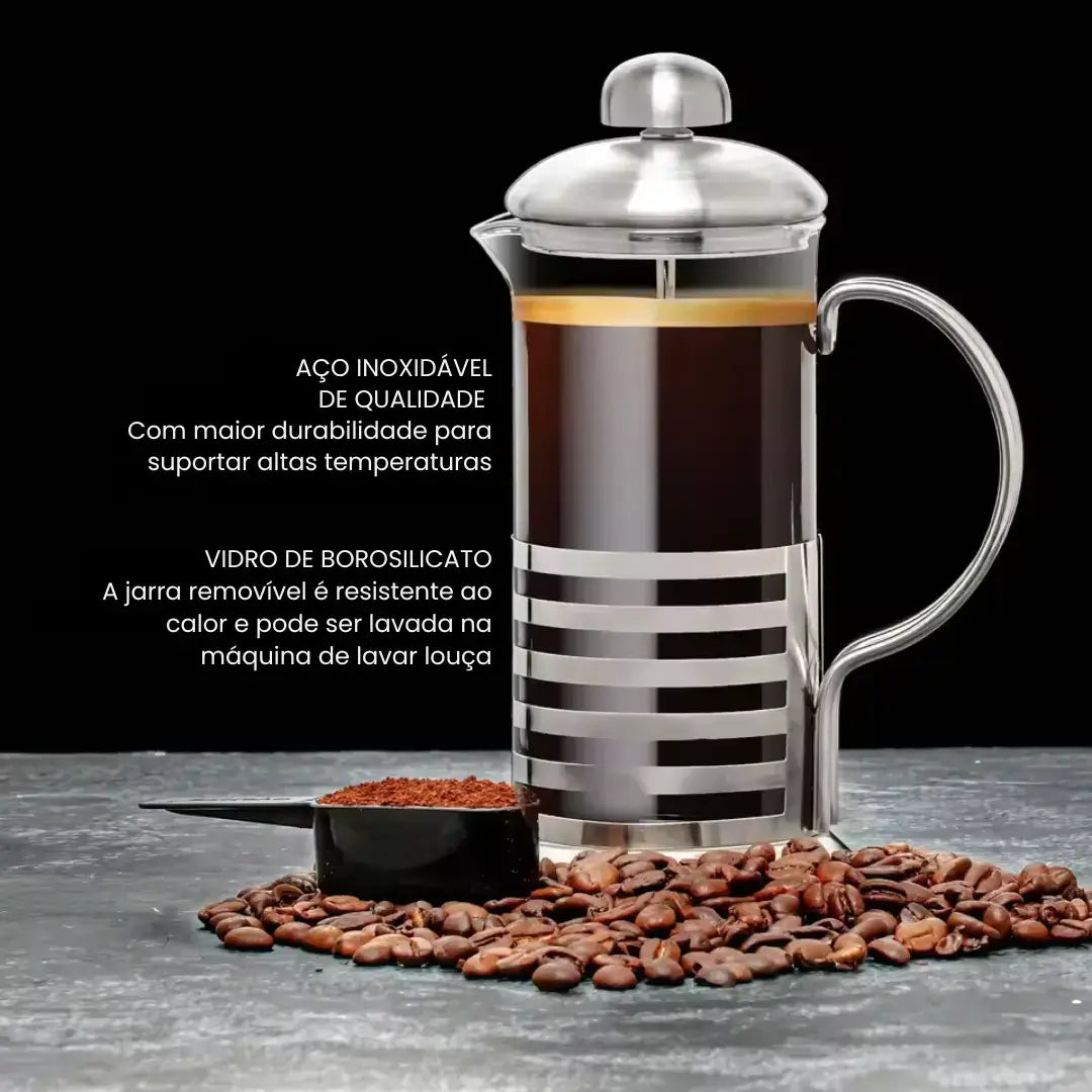 Prensa francesa de vidro borossilicato com café, grãos de café e colher de pó, estrutura em aço inoxidável