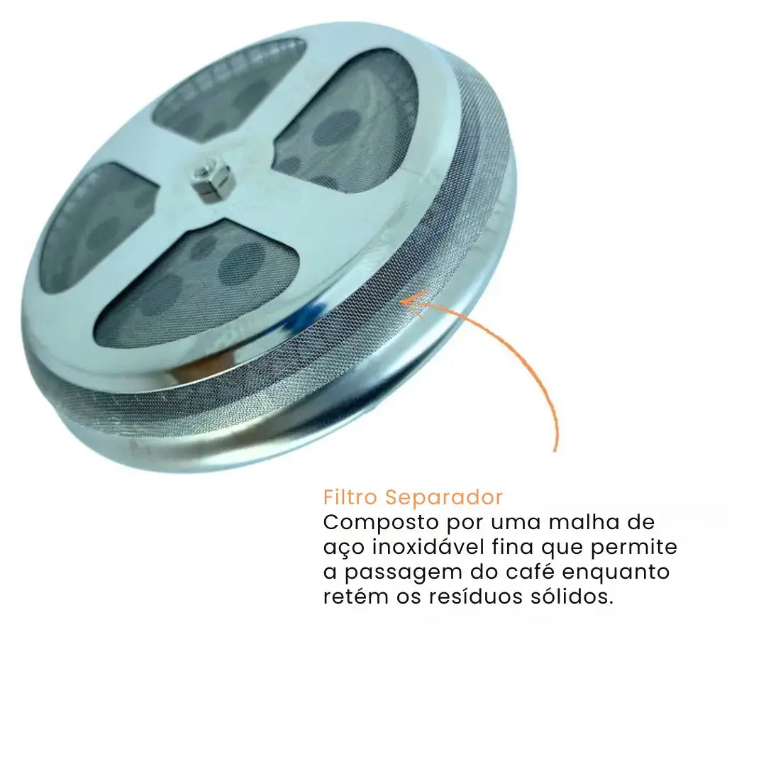 Filtro separador de café com malha fina de aço inoxidável que retém resíduos sólidos
