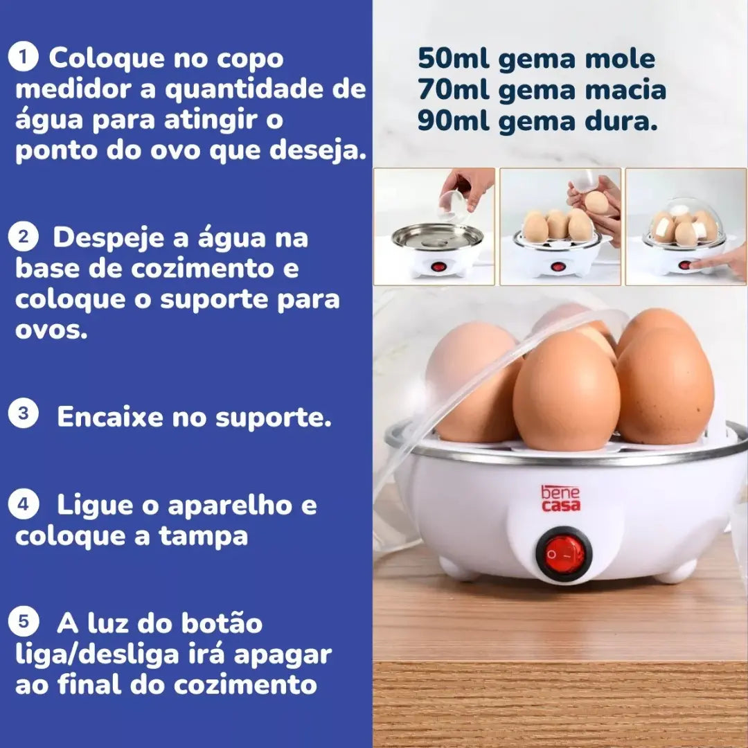 Instruções para usar a cozedeira de ovos Bene Casa com medidor de água e suporte para ovos