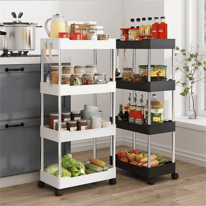 Carrinhos organizadores multiuso com rodinhas, branco e preto, com alimentos e utensílios de cozinha