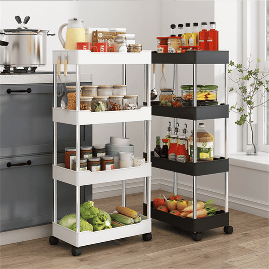 Carrinhos organizadores multiuso com rodinhas, branco e preto, com alimentos e utensílios de cozinha
