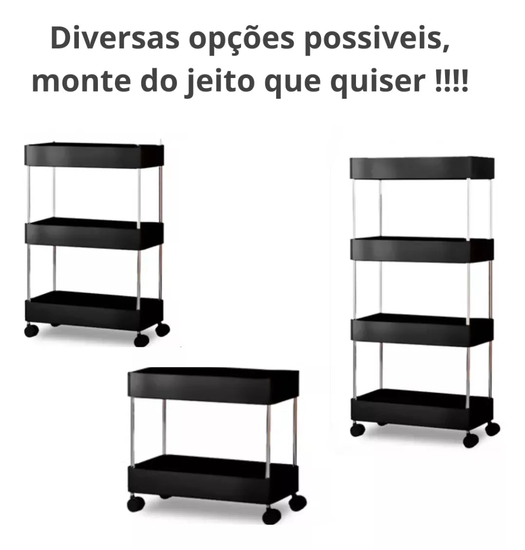 Carrinho organizador multiuso preto com rodinhas em diferentes configurações de prateleiras