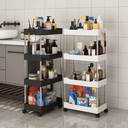 Carrinhos organizadores multiuso preto e branco com rodinhas, armazenando produtos de higiene e limpeza