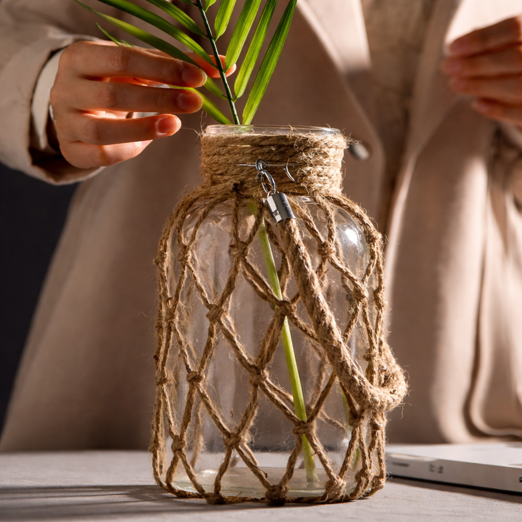 Vaso de Vidro com Corda em Fibra Natural Estilo Boho