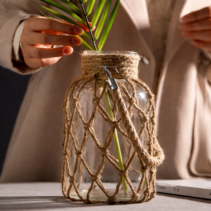 Vaso de Vidro com Corda em Fibra Natural Estilo Boho