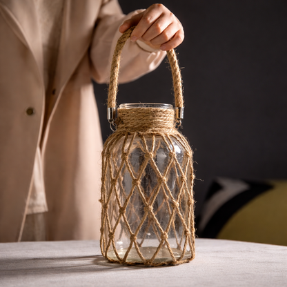Vaso de Vidro com Corda em Fibra Natural Estilo Boho