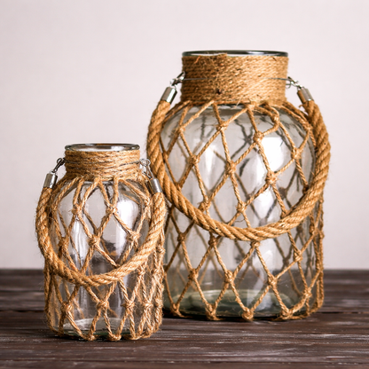 Vaso de Vidro com Corda em Fibra Natural Estilo Boho