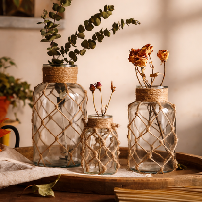 Vaso de Vidro com Corda em Fibra Natural Estilo Boho