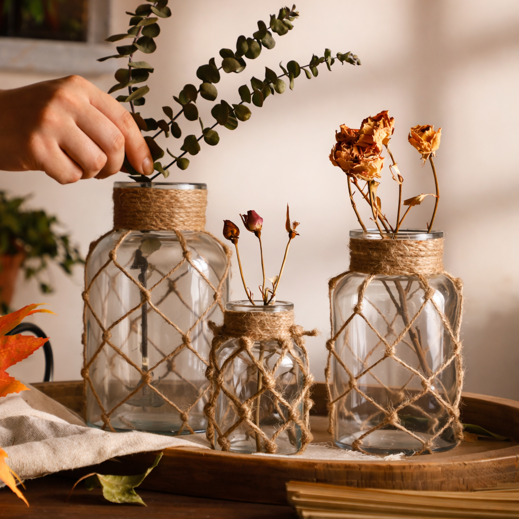 Vaso de Vidro com Corda em Fibra Natural Estilo Boho