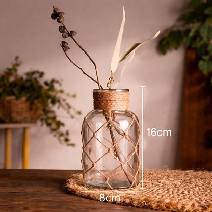 Vaso de Vidro com Corda em Fibra Natural Estilo Boho