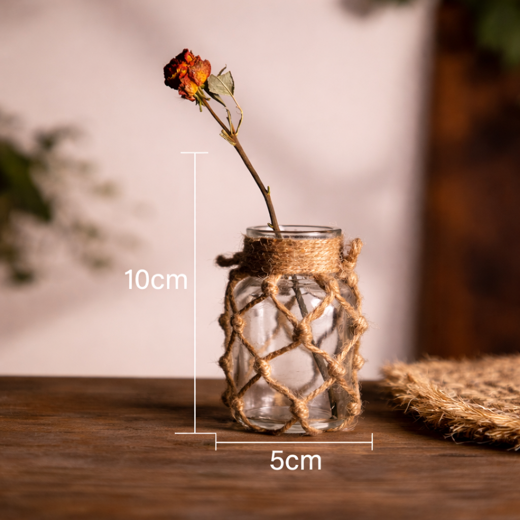 Vaso de Vidro com Corda em Fibra Natural Estilo Boho