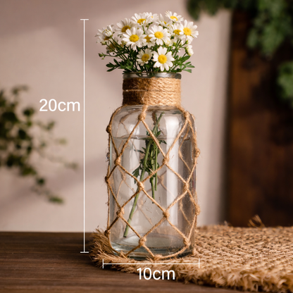 Vaso de Vidro com Corda em Fibra Natural Estilo Boho