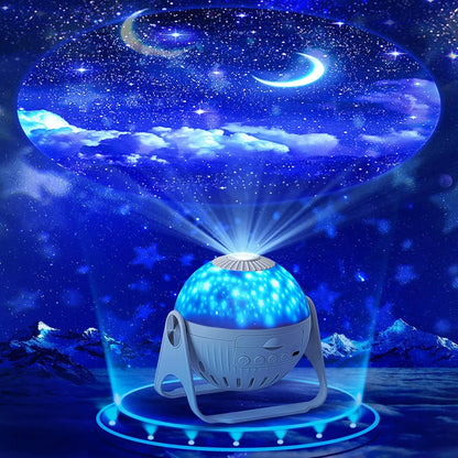 Projetor de luz noturna Bluetooth em forma de esfera projetando céu estrelado com luas e nuvens