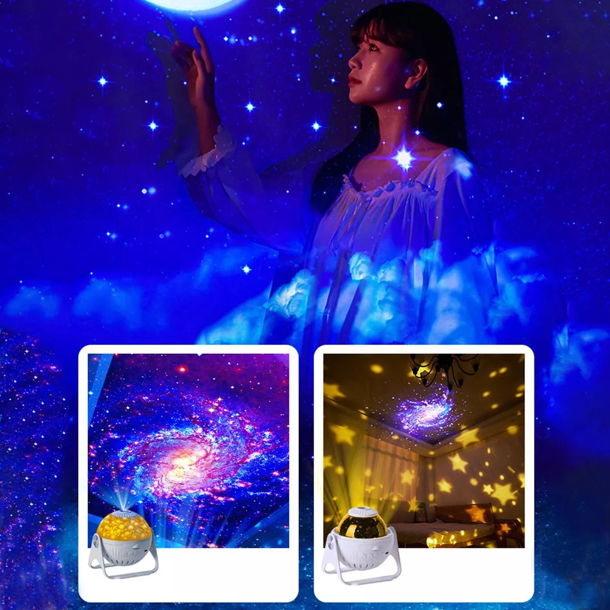 Pessoa em vestido branco usando projetor estelar, criando efeito de galáxias e estrelas azuis no ambiente escuro