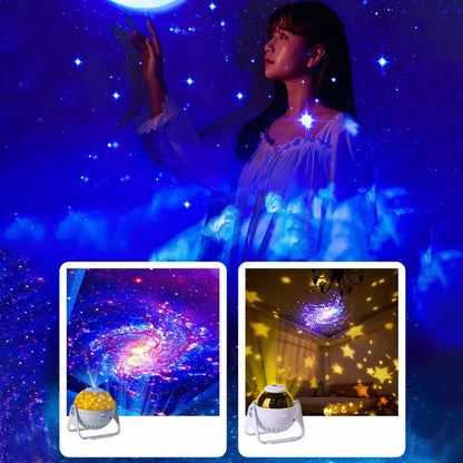 Pessoa em vestido branco usando projetor estelar, criando efeito de galáxias e estrelas azuis no ambiente escuro