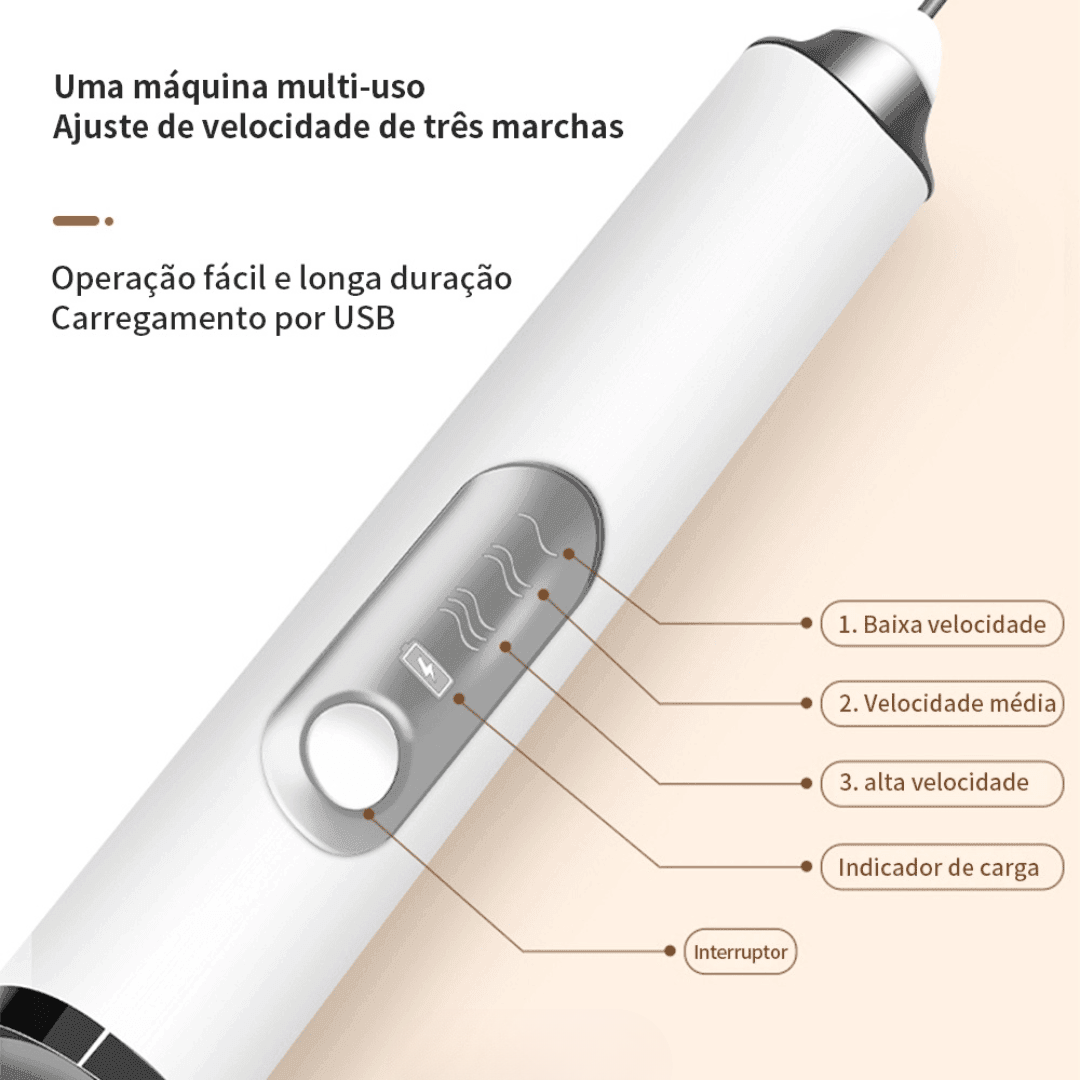 Máquina multiuso branca com ajuste de três velocidades, indicador de carga e botão de interruptor
