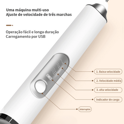 Máquina multiuso branca com ajuste de três velocidades, indicador de carga e botão de interruptor