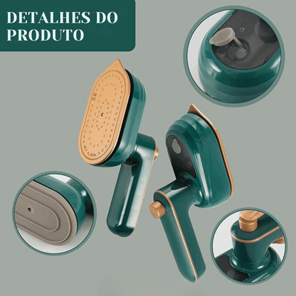 Vaporizador portátil verde com detalhes dourados, mostrando design e componentes principais