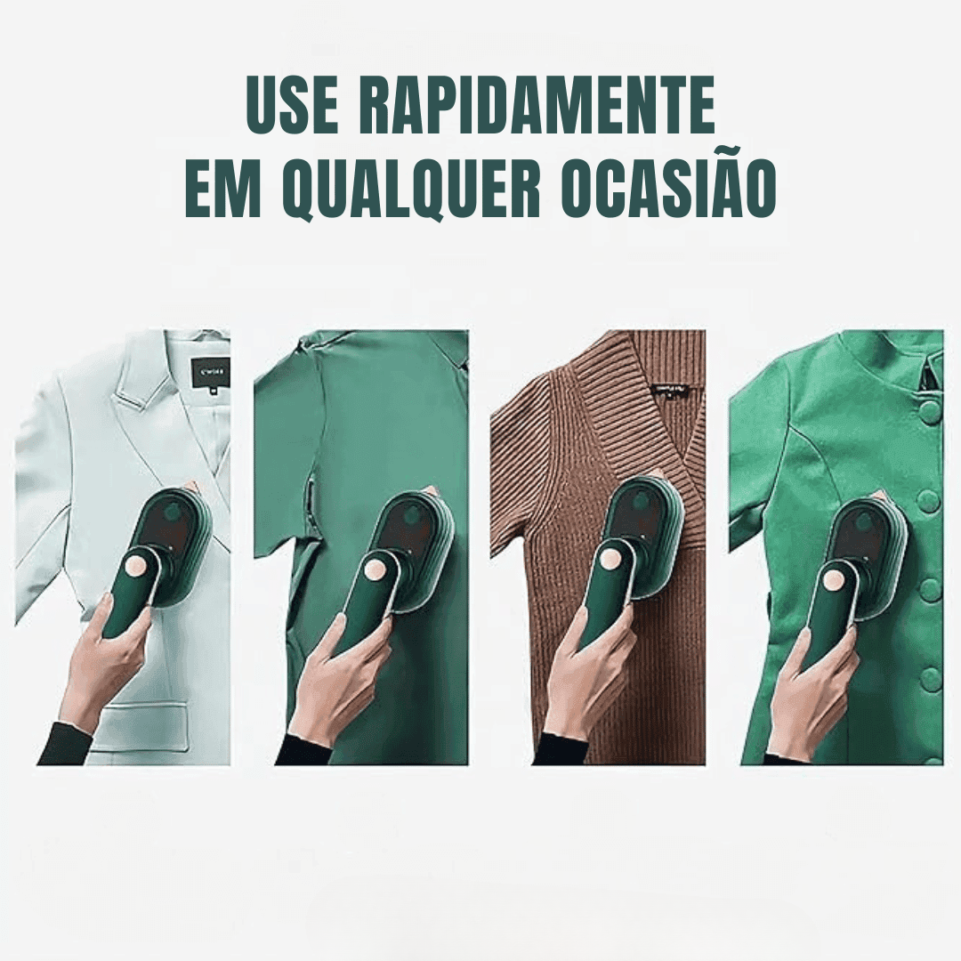 Pessoa usando removedor de fiapos portátil em diferentes roupas, com texto Use rapidamente em qualquer ocasião