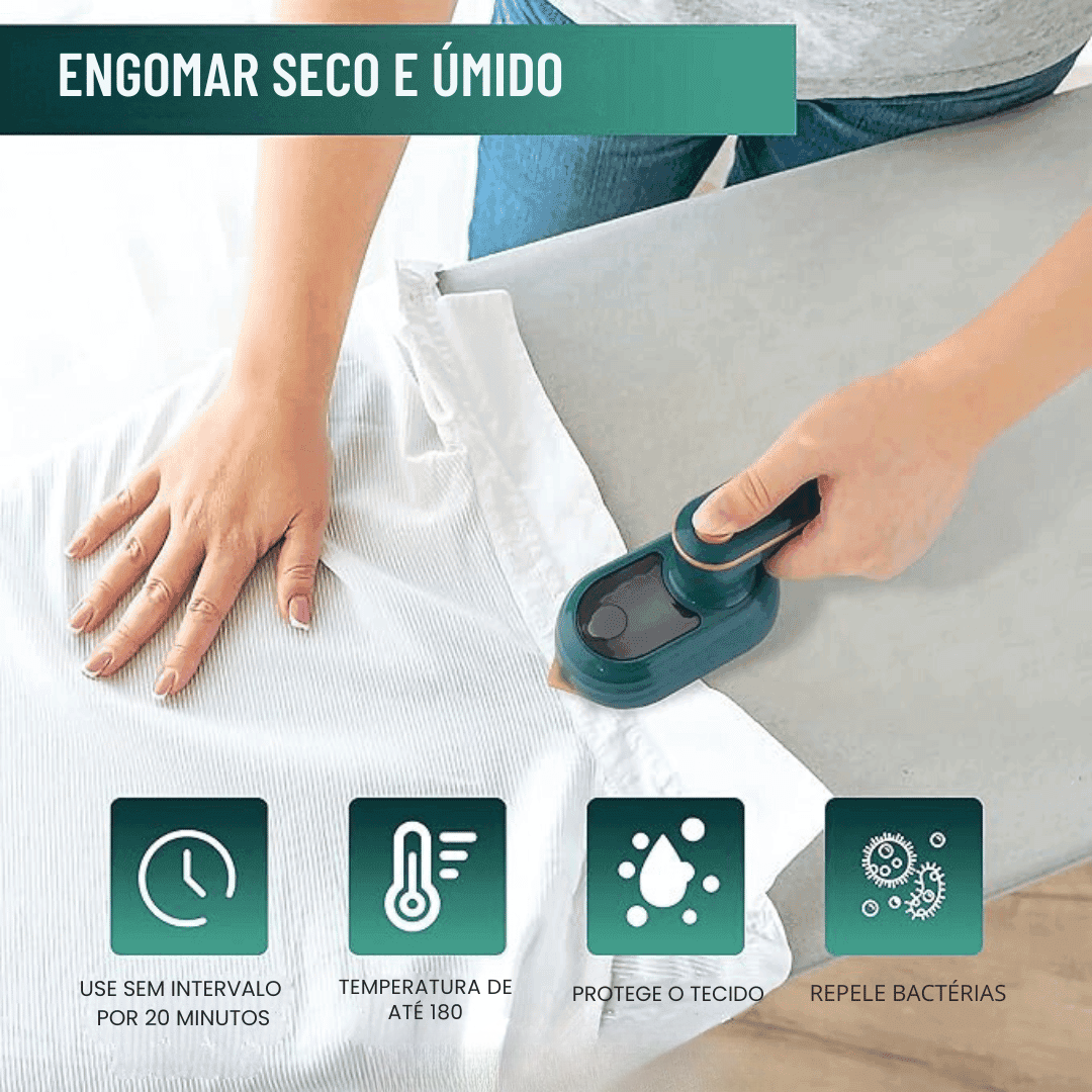Pessoa passando camisa branca com ferro a vapor pequeno sobre tábua de passar, destacando uso seco e úmido